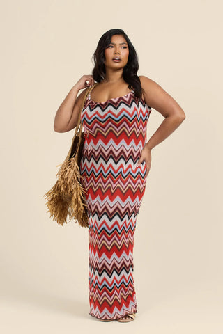 Curve Strappy Mesh Maxi Dress in Zig Zag Print
