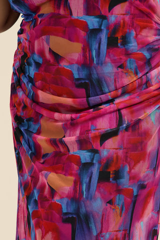 Curve Mesh Sleeveless Maxi Dress In Pink Abstract Print