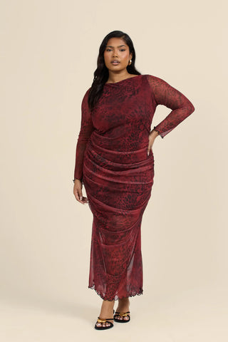 Curve Burgundy Animal Print Long Sleeve Mesh Midaxi Dress
