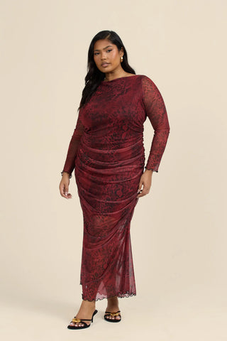 Curve Burgundy Animal Print Long Sleeve Mesh Midaxi Dress