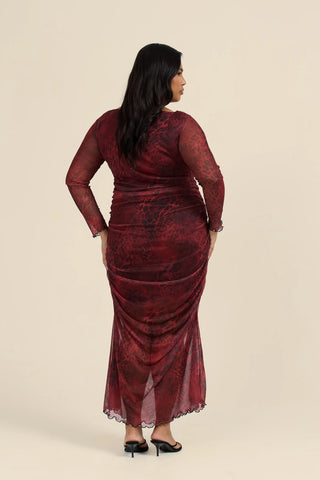 Curve Burgundy Animal Print Long Sleeve Mesh Midaxi Dress