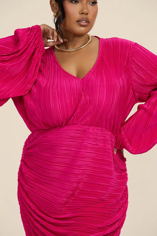 Curve statement sleeve ruched mini dress in cerise