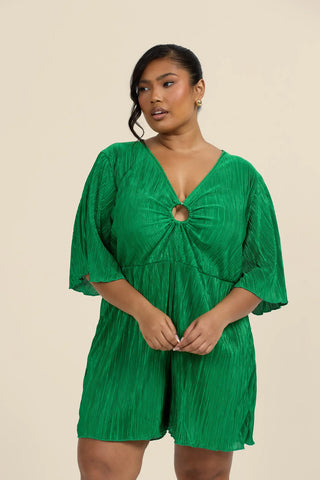 Curve Angel sleeve O ring detail plisse playsuit in bright green