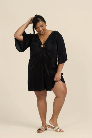 Curve Angel sleeve O ring detail plisse playsuit in black