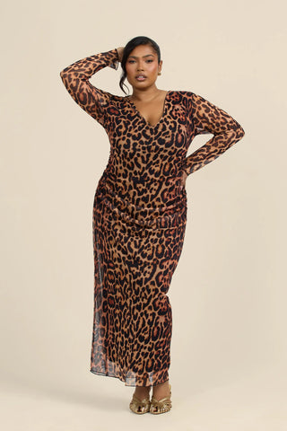 Curve plunge neck leopard print ruched mesh midaxi dress
