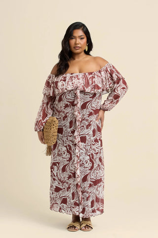 Curve Ruffle Bardot Abstract Floral Midaxi Dress