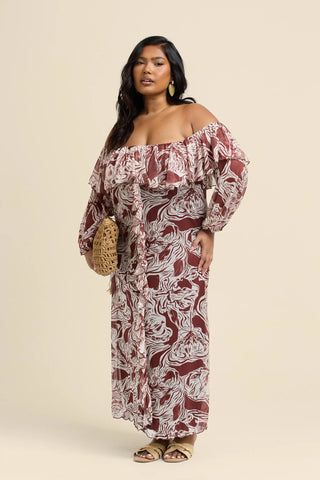 Curve Ruffle Bardot Abstract Floral Midaxi Dress