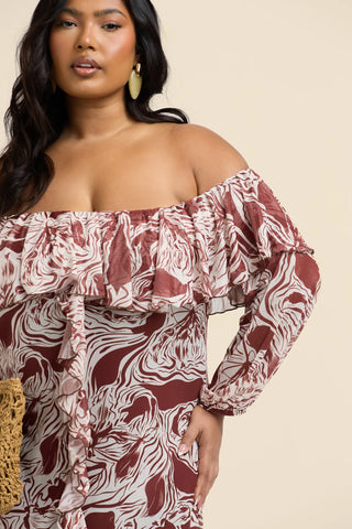 Curve Ruffle Bardot Abstract Floral Midaxi Dress