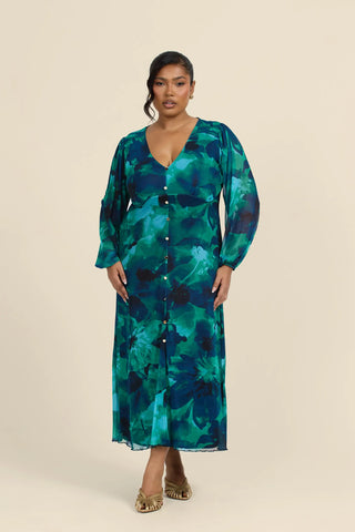 Curve Abstract Floral Button Front Midi Dress