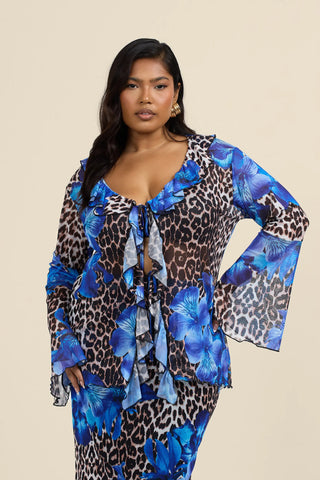 Curve Leopard And Floral Ruffle Blouse