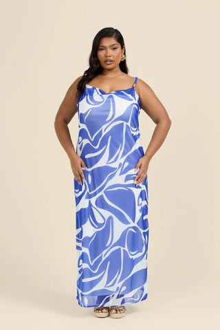 Curve Abstract Print Gold Trim Cowl Neck Maxi Dress