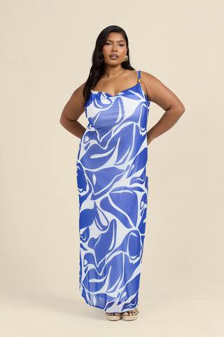 Curve Abstract Print Gold Trim Cowl Neck Maxi Dress