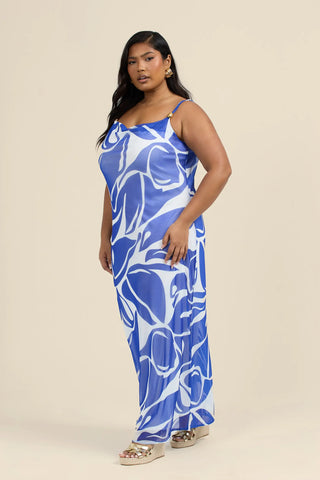 Curve Abstract Print Gold Trim Cowl Neck Maxi Dress