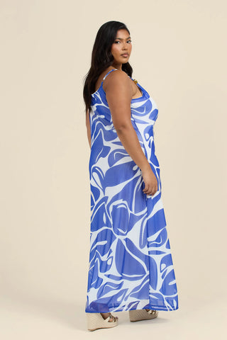 Curve Abstract Print Gold Trim Cowl Neck Maxi Dress