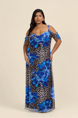 Curve Cold Shoulder Leopard and Floral Maxi Dress