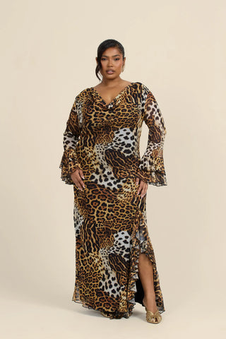 Curve Ruffle Cowl Neck Leopard Print Maxi Dress