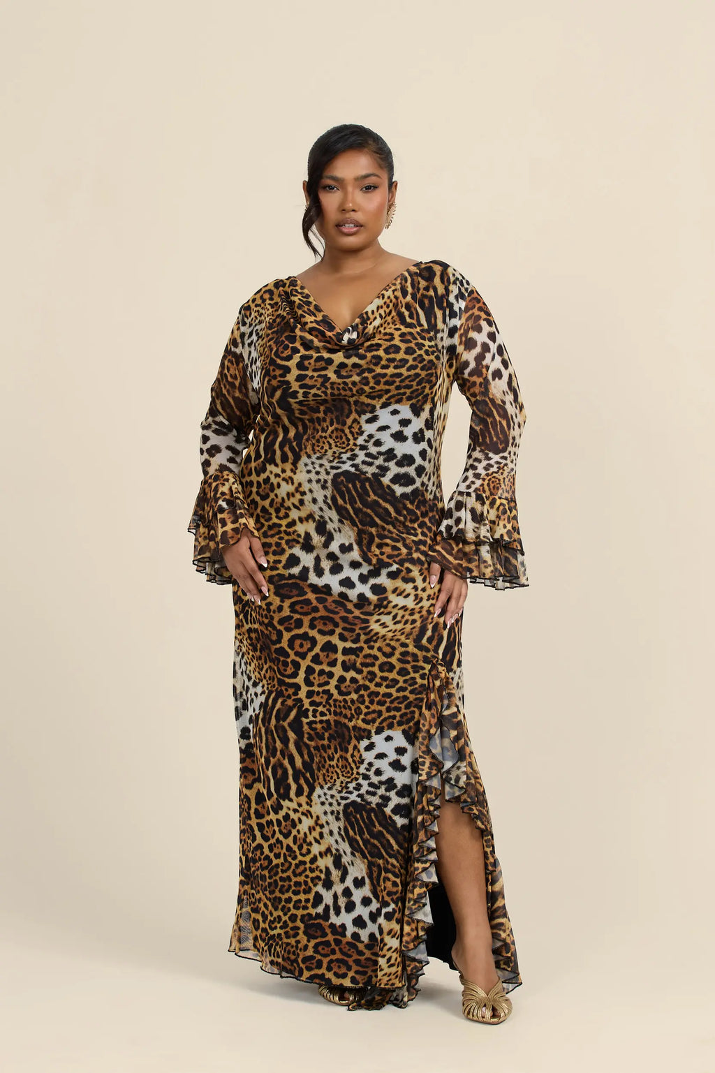 Chic Animal Print Cowl Neck Maxi Dress