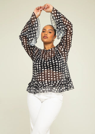 Curve Polka Dot Ruffle Sleeve Swing Style Mesh Blouse