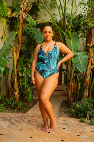 Curve Palm Print Trim Detail Sculpting Swimsuit
