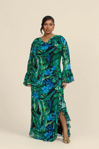 Curve Ruffle Cowl Neck Palm Print Maxi Dress