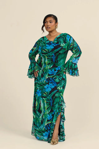 Curve Ruffle Cowl Neck Palm Print Maxi Dress