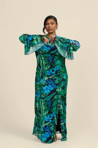 Curve Ruffle Cowl Neck Palm Print Maxi Dress