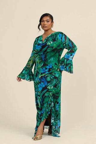Curve Ruffle Cowl Neck Palm Print Maxi Dress