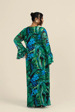 Curve Ruffle Cowl Neck Palm Print Maxi Dress