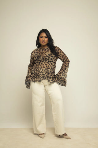 Curve Brown Leopard Print Ruffle Sleeve Swing Style Mesh Blouse