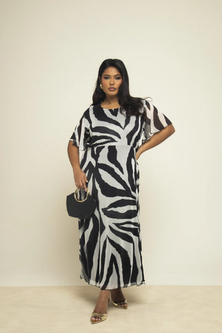 Curve Zebra Print Flutter Sleeve Aline Mesh Midaxi Dress