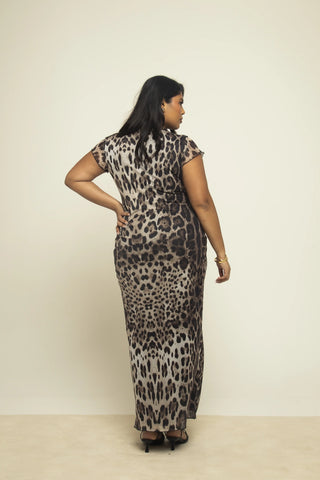 Curve Capped sleeve Leopard Print mesh midaxi dress
