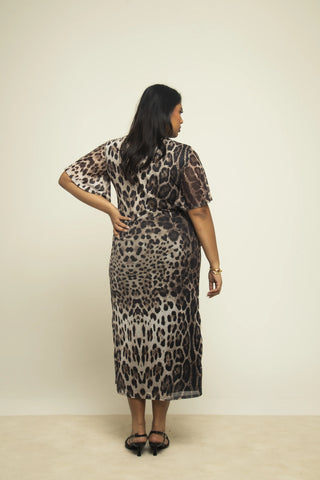 Curve angel flutter sleeve ruched leopard mesh dress