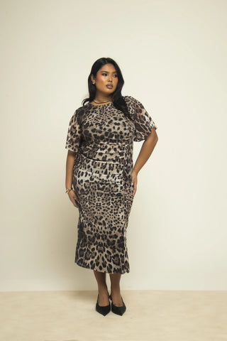 Curve angel flutter sleeve ruched leopard mesh dress