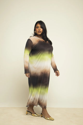 Curve Green and Chocolate Ombre Loose Fit Midi Dress
