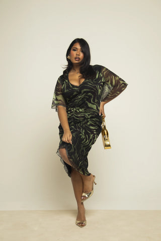 Curve Khaki Zebra Ruched Front Flutter Sleeve Midi Dress