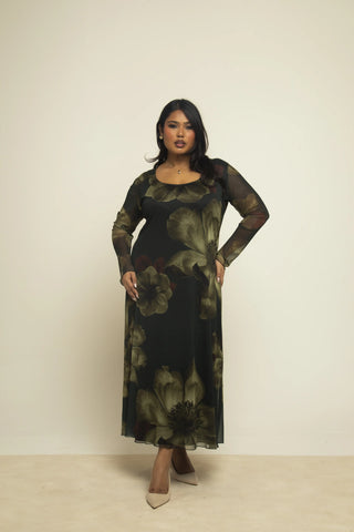 Curve Khaki Large Floral Scoop Neck Flared Skirt Midaxi Dress
