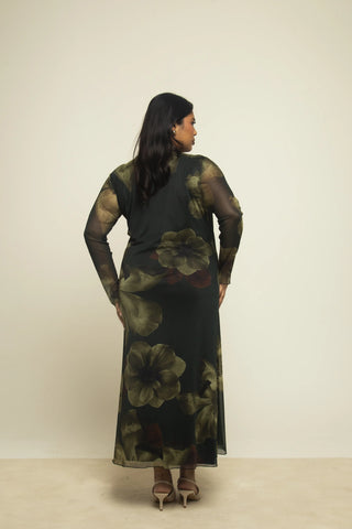 Curve Khaki Large Floral Scoop Neck Flared Skirt Midaxi Dress