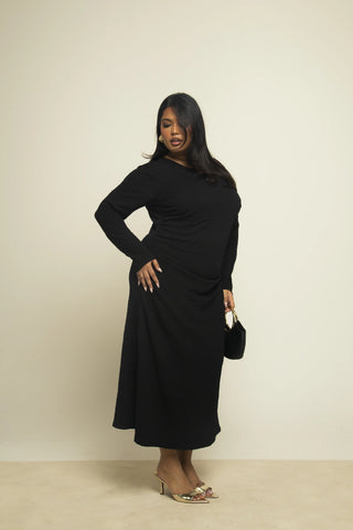 Curve Black Textured Wrap Top Long Sleeve Midaxi Dress