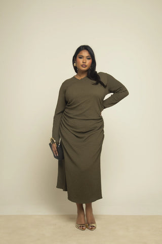 Curve Khaki Textured Wrap Top Long Sleeve Midaxi Dress
