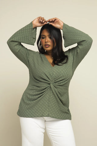 Curve Khaki Textured Twist Front Flare Sleeve Top