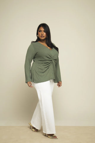 Curve Khaki Textured Twist Front Flare Sleeve Top