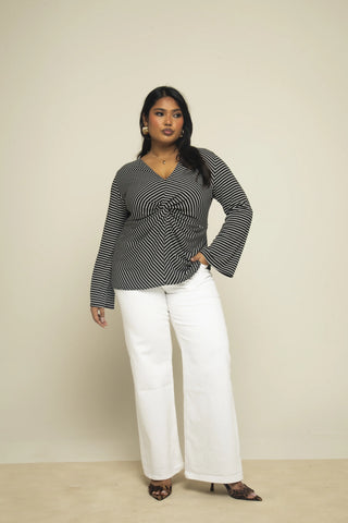 Curve Monochrome Knitted Stripe Twist Front Flare Sleeve Top