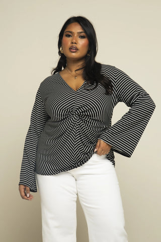 Curve Monochrome Knitted Stripe Twist Front Flare Sleeve Top