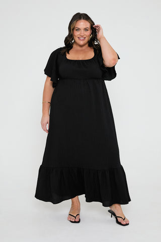 Textured flutter sleeve loose fit maxi dress in black