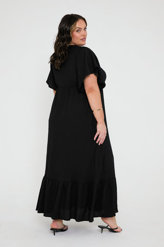 Textured flutter sleeve loose fit maxi dress in black