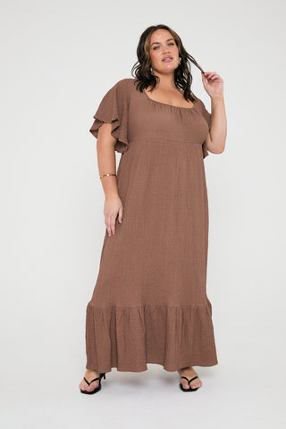 Textured flutter sleeve maxi dress in mocha