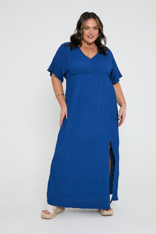 Textured Angel Sleeve Smock Maxi Dress In blue