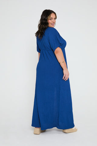 Textured Angel Sleeve Smock Maxi Dress In blue