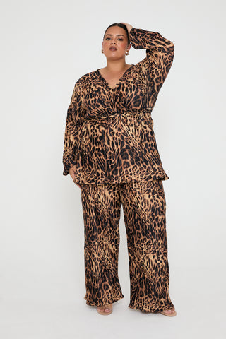Leopard print plisse wrap blouse