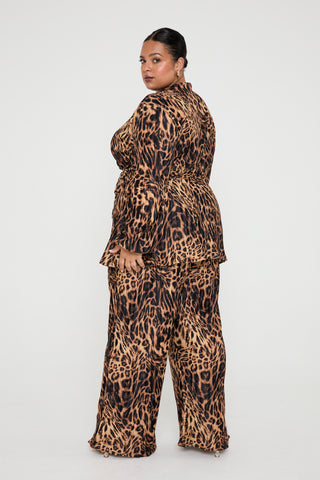 Leopard print plisse wrap blouse